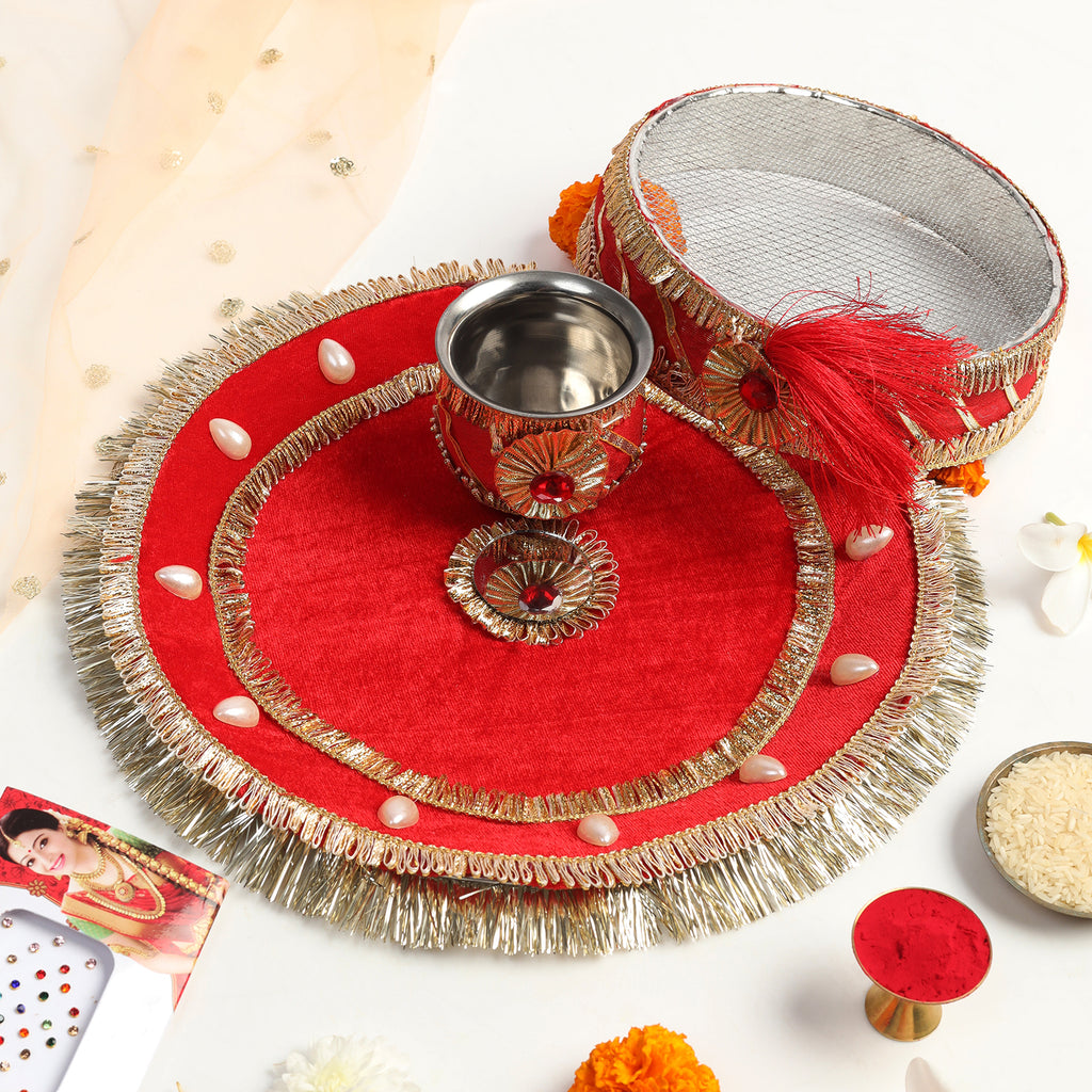 Designer Karvachauth Pooja Thali & Channi – Royal Red Velvet & Pearl Edition