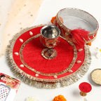 Designer Karvachauth Pooja Thali & Channi – Royal Red Velvet & Pearl Edition