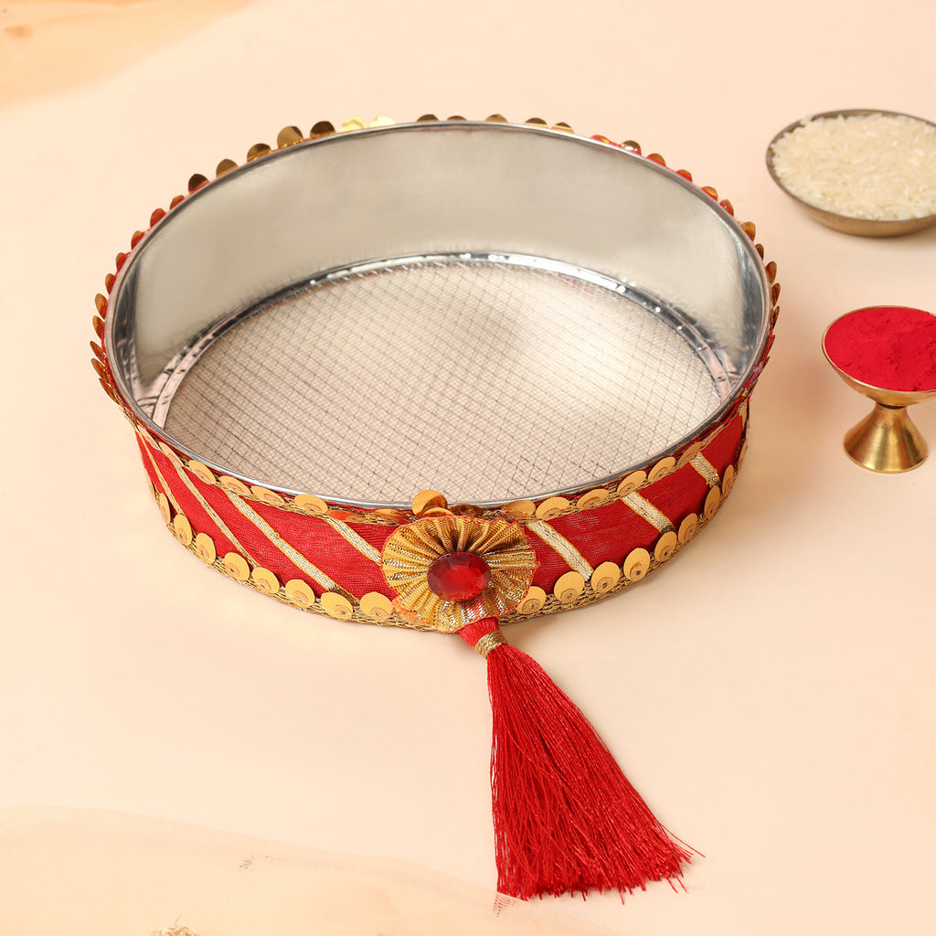 Designer Karvachauth Pooja Thali & Channi – Royal Red Velvet & Pearl Edition