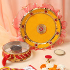 Designer Karvachauth Pooja Thali & Channi – Mustard Yellow & Crimson Sequin Edition