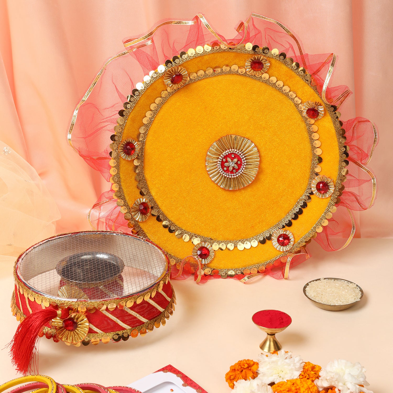 Designer Karvachauth Pooja Thali & Channi – Mustard Yellow & Crimson Sequin Edition