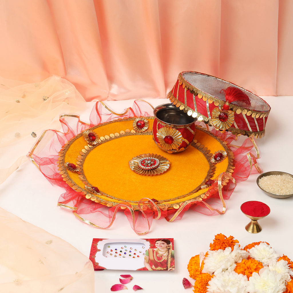 Designer Karvachauth Pooja Thali & Channi – Mustard Yellow & Crimson Sequin Edition