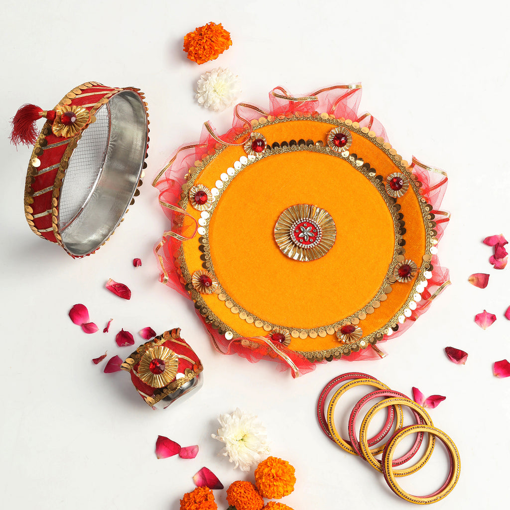 Designer Karvachauth Pooja Thali & Channi – Mustard Yellow & Crimson Sequin Edition