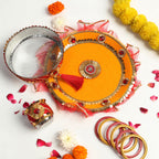 Designer Karvachauth Pooja Thali & Channi – Mustard Yellow & Crimson Sequin Edition