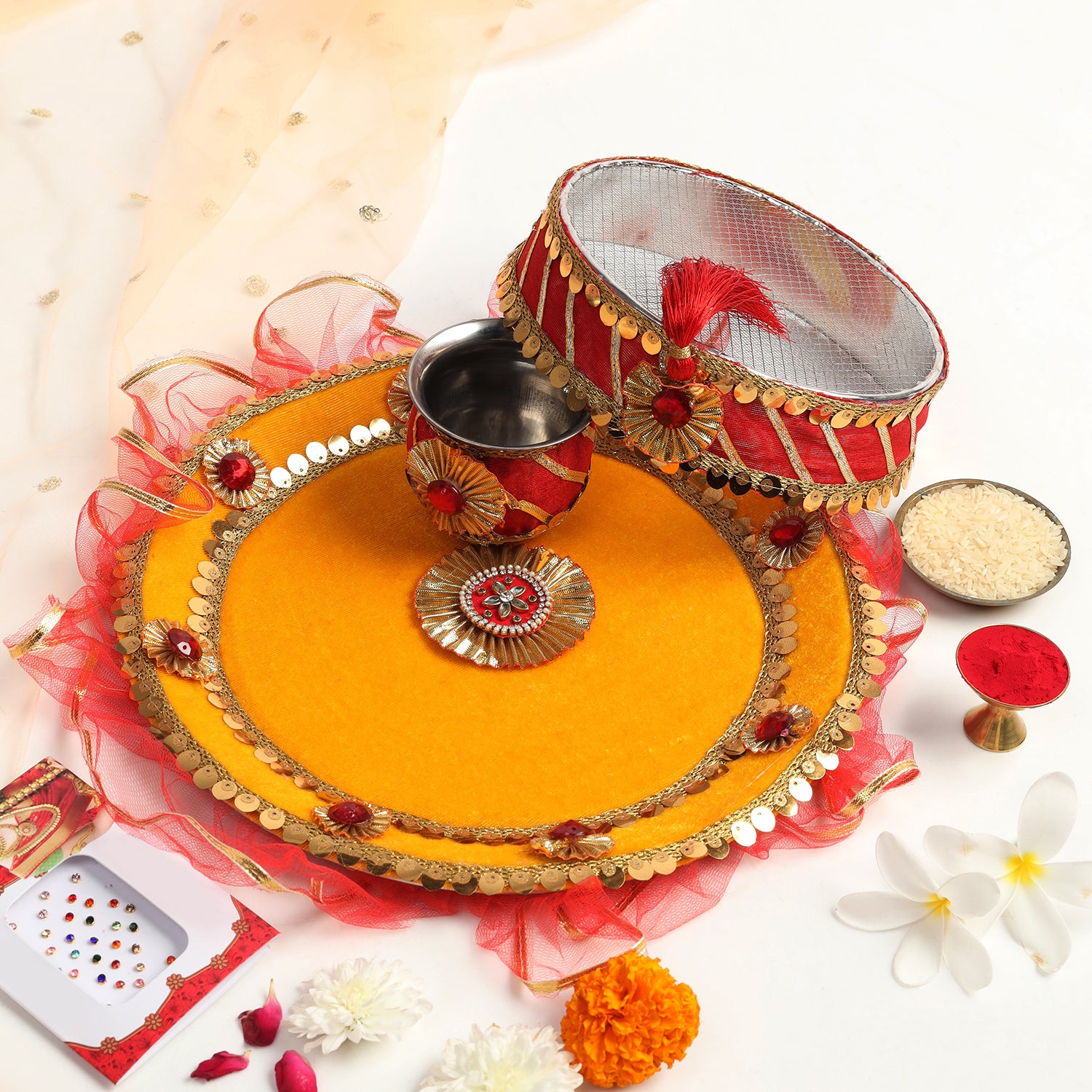 Designer Karvachauth Pooja Thali & Channi – Mustard Yellow & Crimson Sequin Edition
