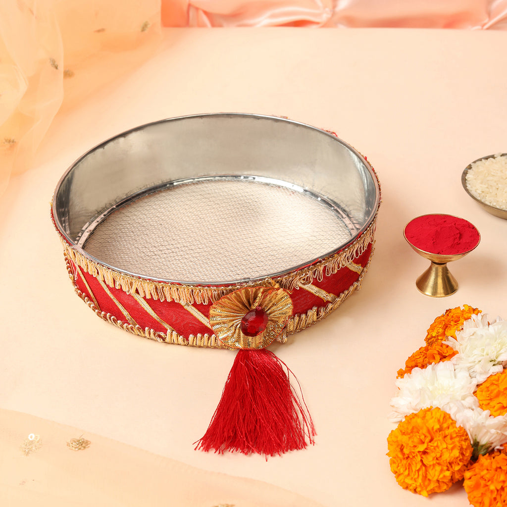 Designer Karvachauth Pooja Thali & Channi – Mustard Yellow & Crimson Sequin Edition