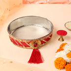 Designer Karvachauth Pooja Thali & Channi – Mustard Yellow & Crimson Sequin Edition