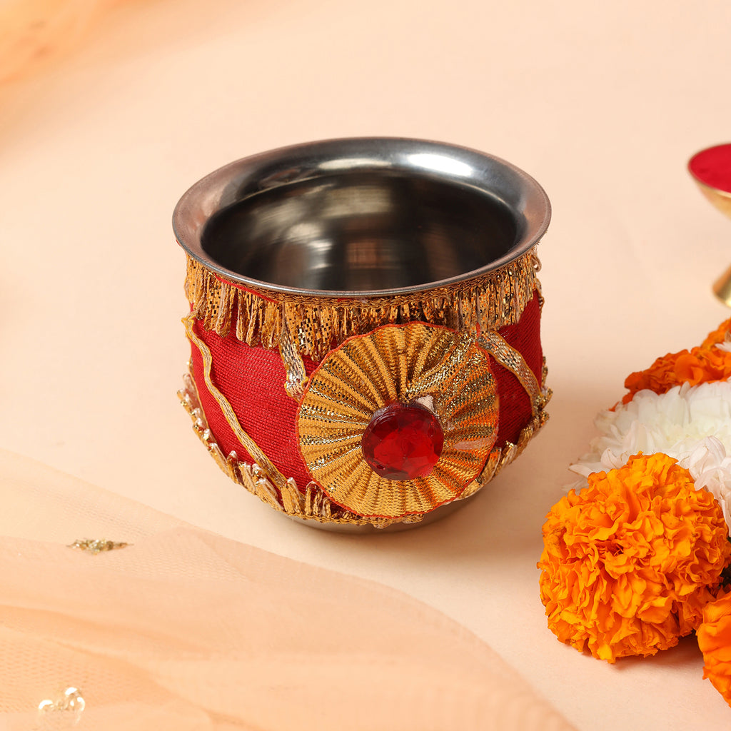 Designer Karvachauth Pooja Thali & Channi – Mustard Yellow & Crimson Sequin Edition