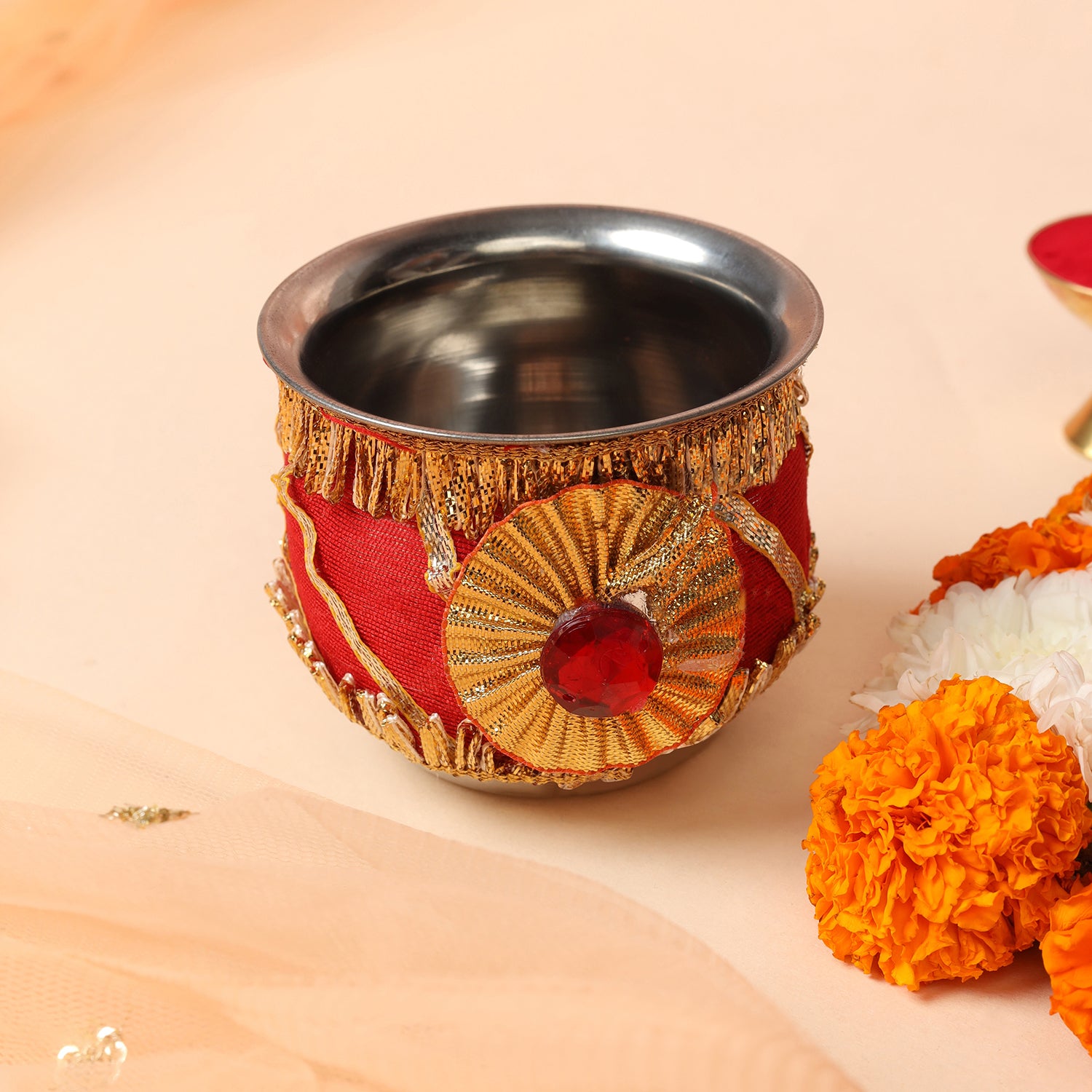 Designer Karvachauth Pooja Thali & Channi – Mustard Yellow & Crimson Sequin Edition