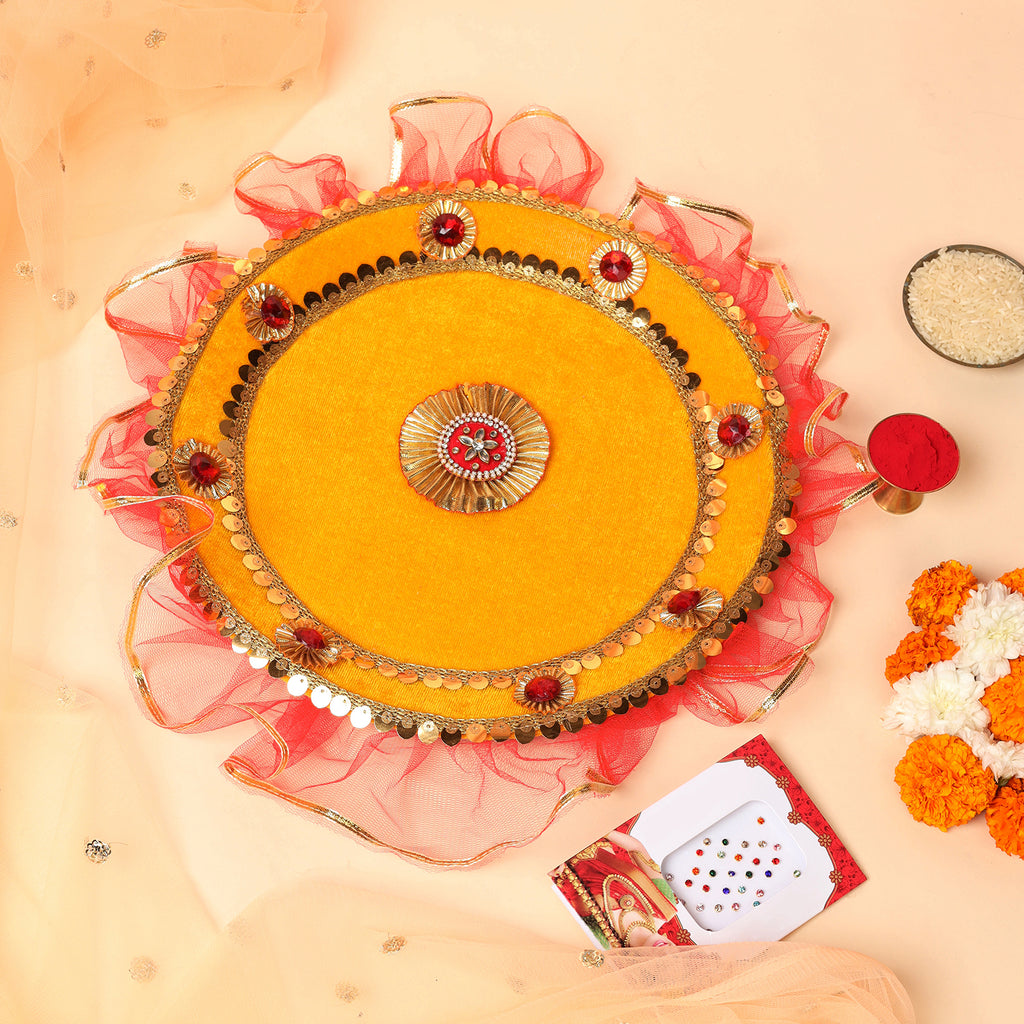 Designer Karvachauth Pooja Thali & Channi – Mustard Yellow & Crimson Sequin Edition