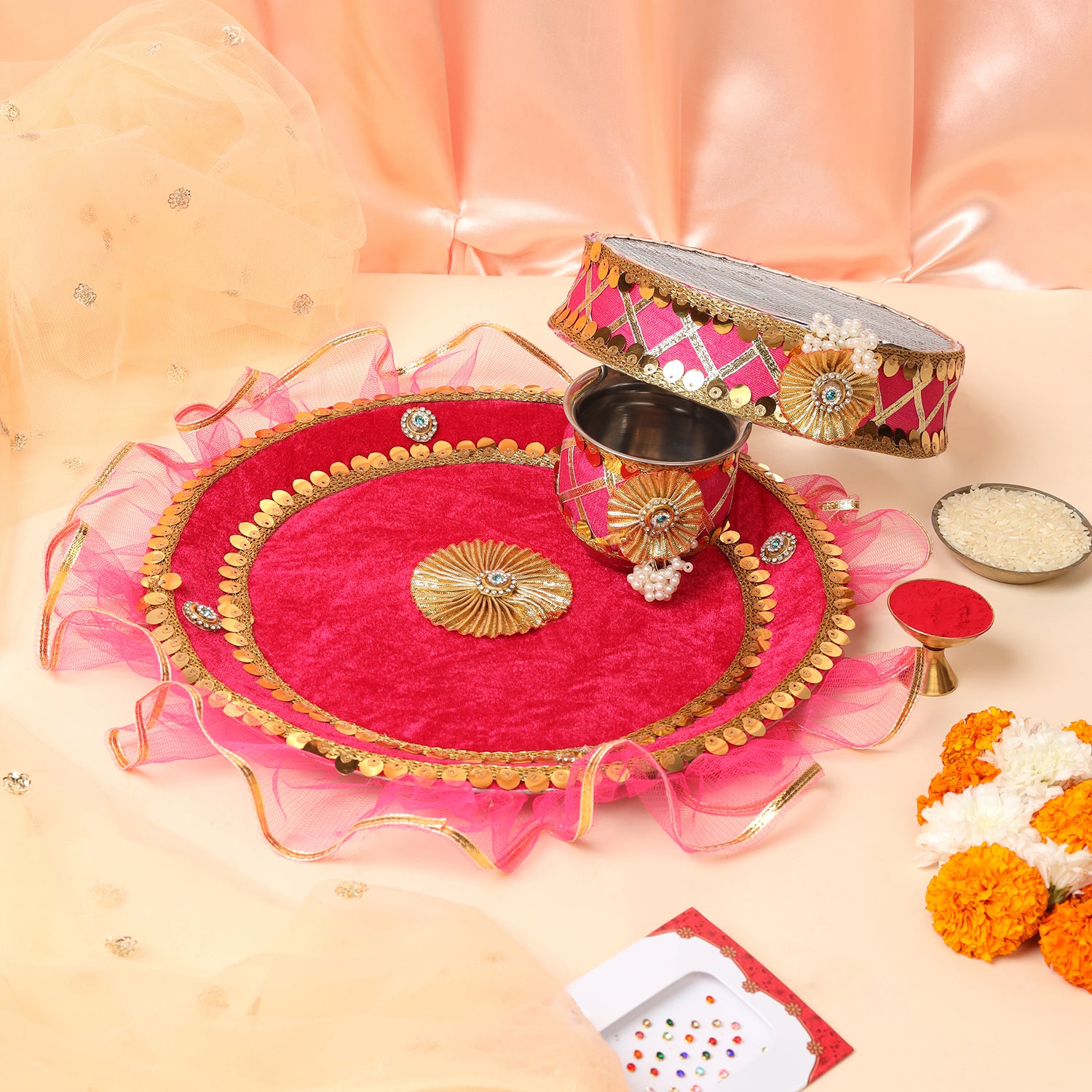 Designer Karvachauth Pooja Thali & Channi – Rani Pink Sequin & Frill Edition