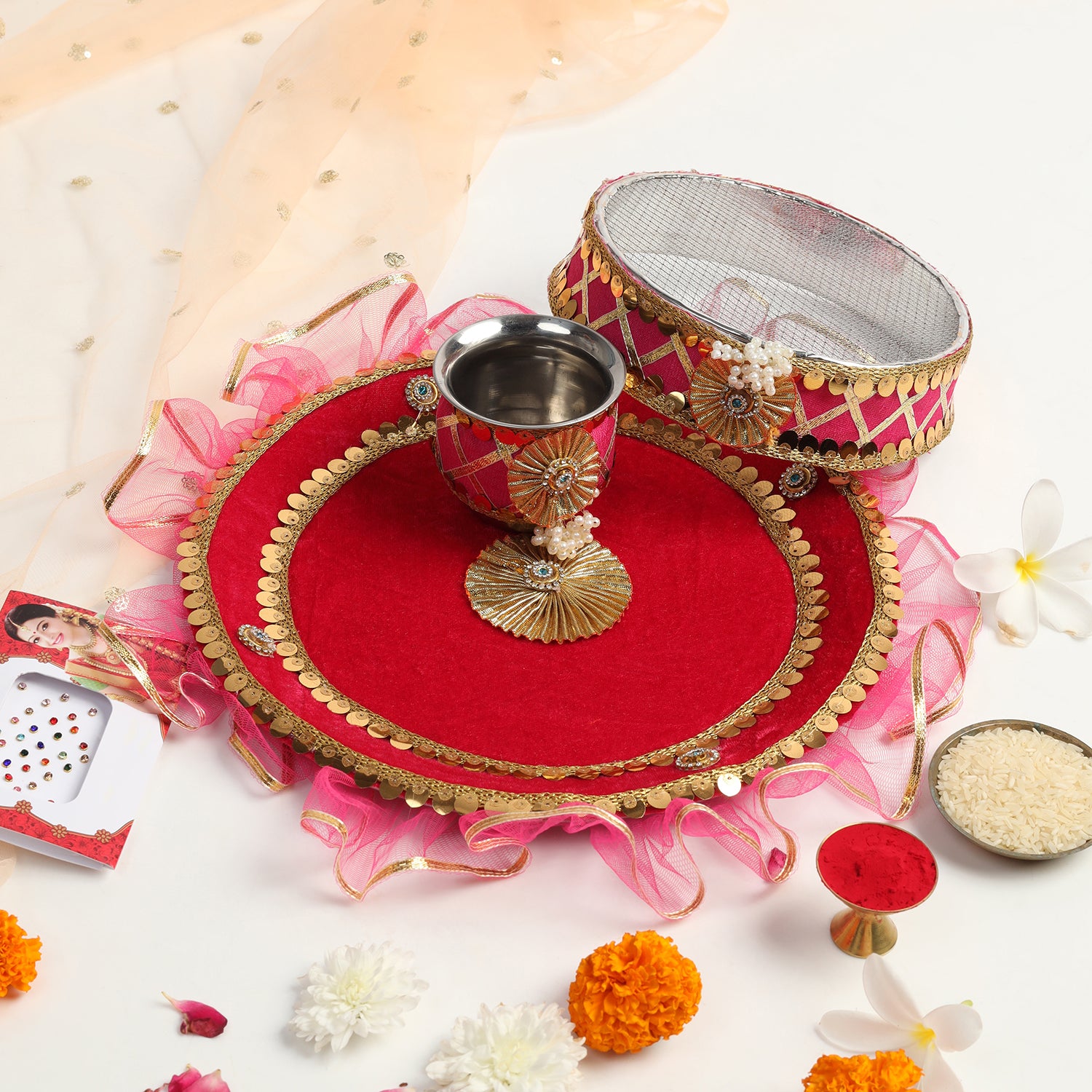 Designer Karvachauth Pooja Thali & Channi – Rani Pink Sequin & Frill Edition