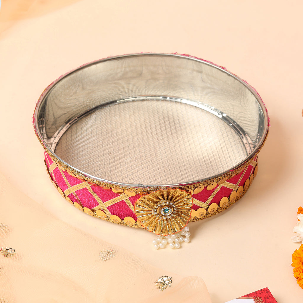 Designer Karvachauth Pooja Thali & Channi – Rani Pink Sequin & Frill Edition