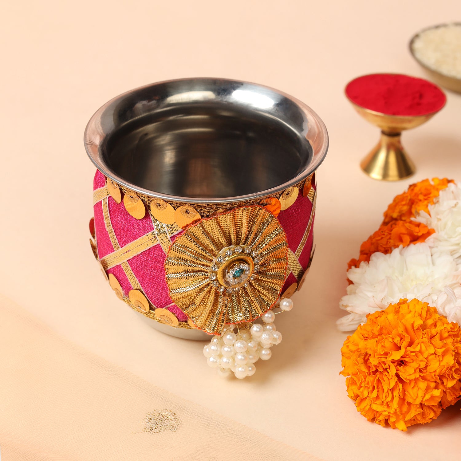 Designer Karvachauth Pooja Thali & Channi – Rani Pink Sequin & Frill Edition