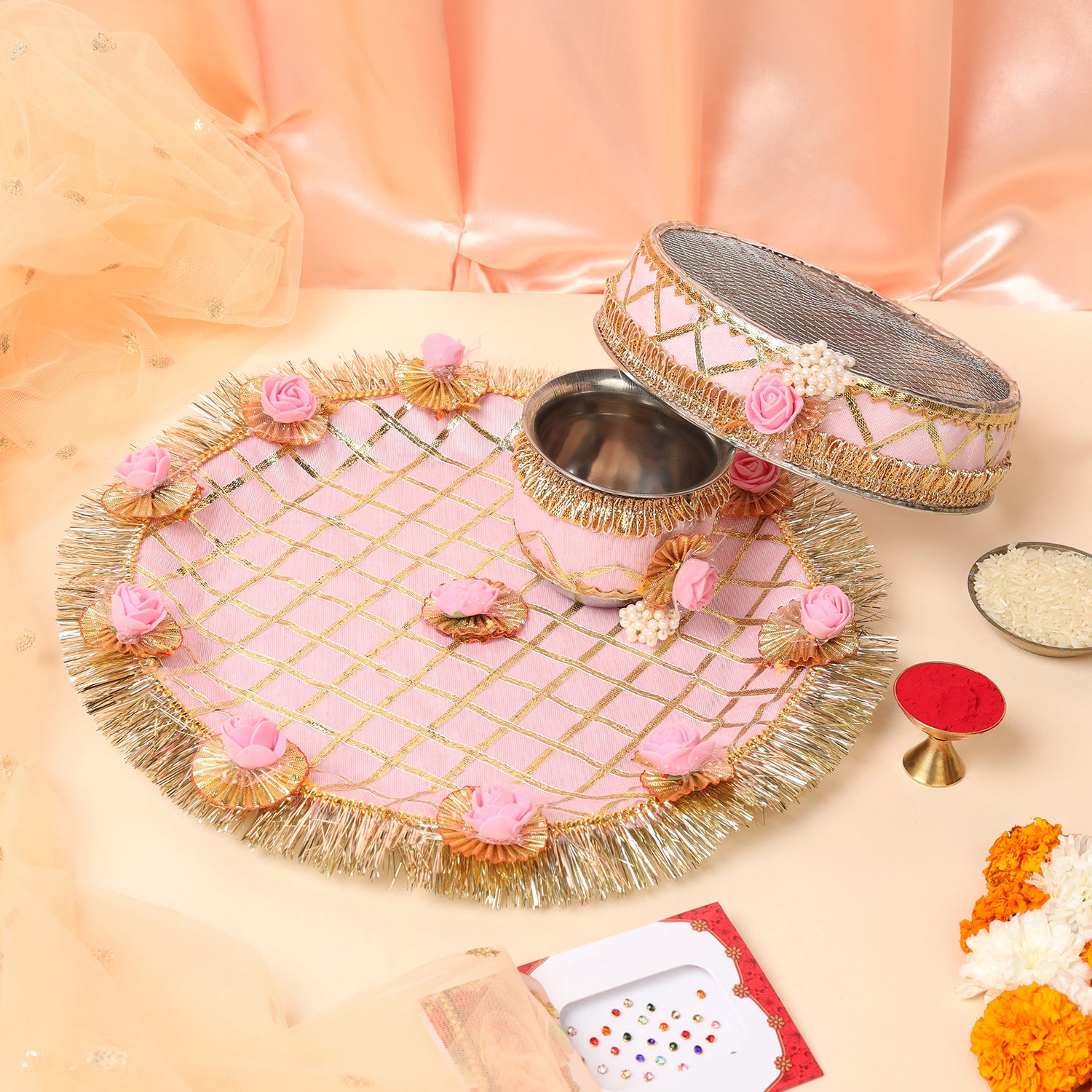 Designer Karvachauth Pooja Thali, Channi & Lota – Blush Pink Rose Edition