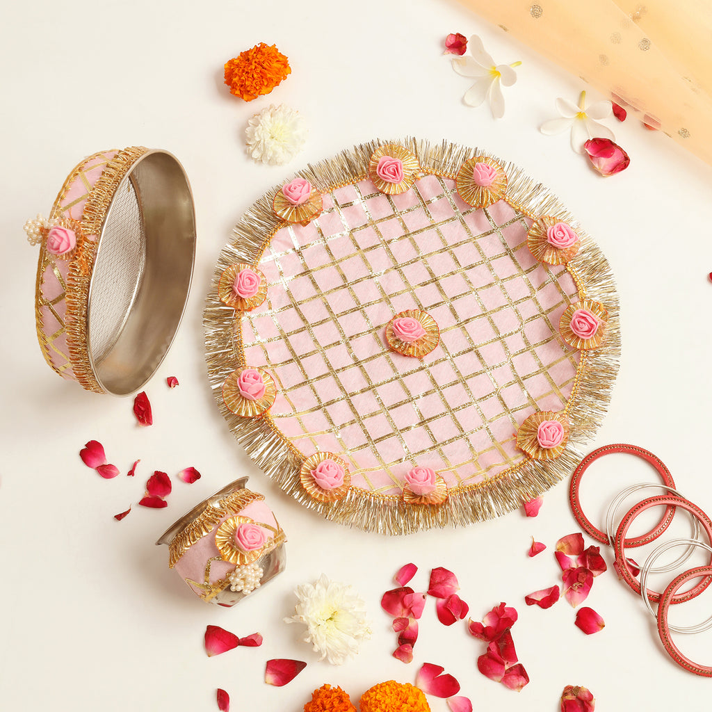 Designer Karvachauth Pooja Thali, Channi & Lota – Blush Pink Rose Edition