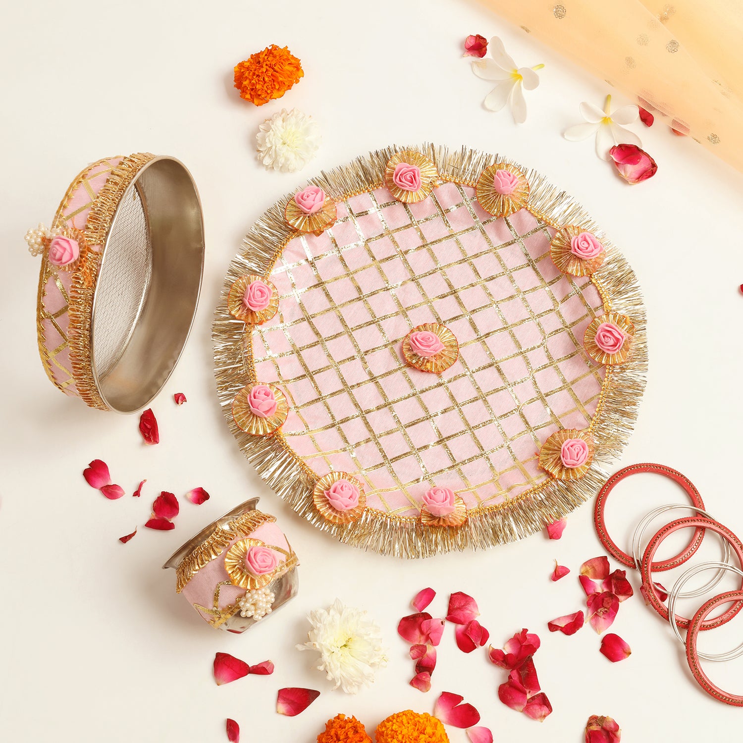 Designer Karvachauth Pooja Thali, Channi & Lota – Blush Pink Rose Edition