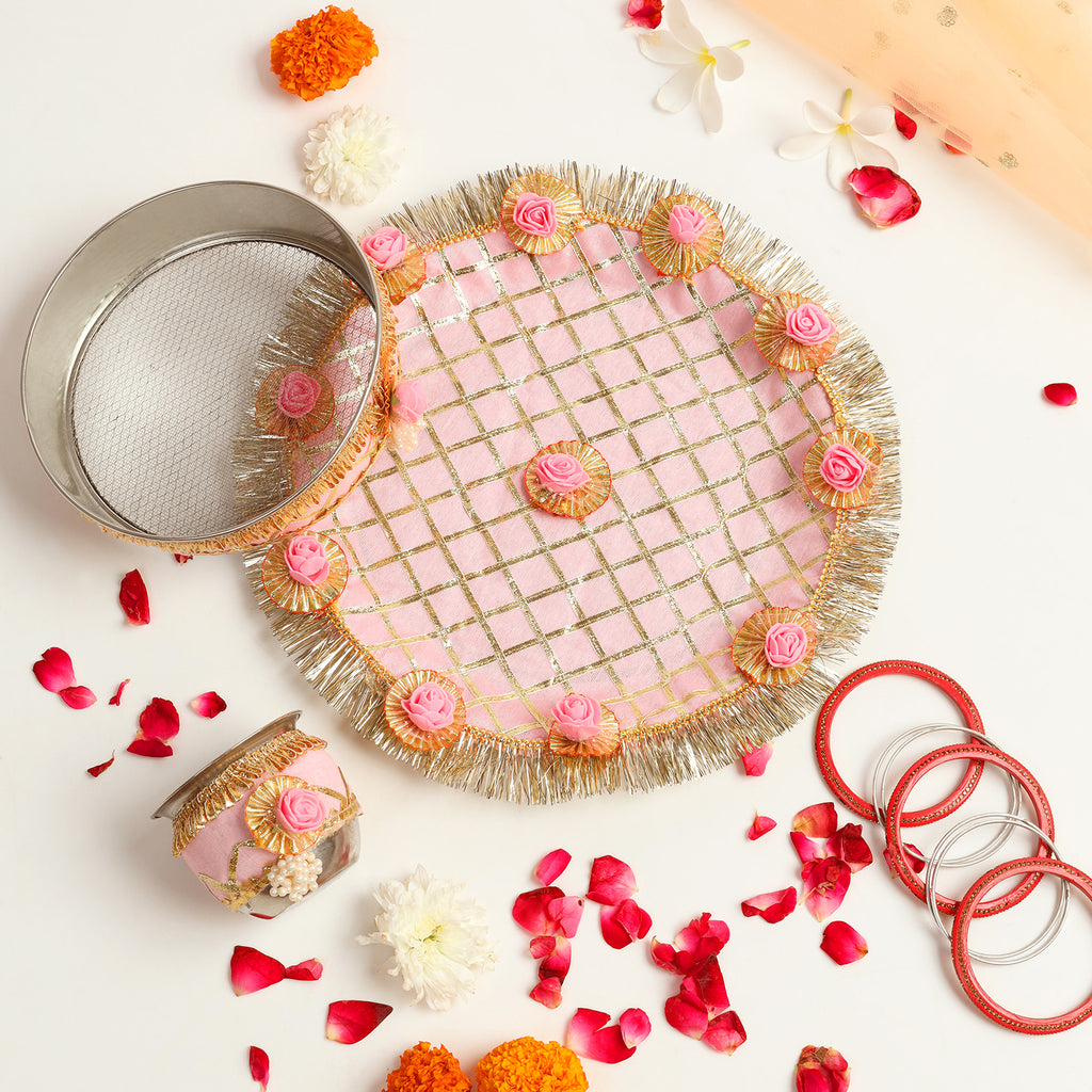 Designer Karvachauth Pooja Thali, Channi & Lota – Blush Pink Rose Edition