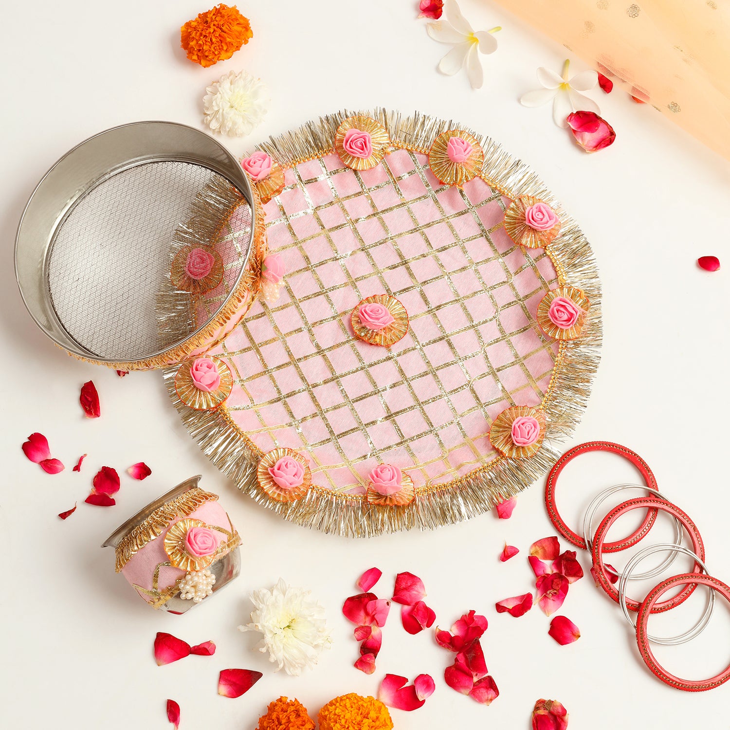 Designer Karvachauth Pooja Thali, Channi & Lota – Blush Pink Rose Edition