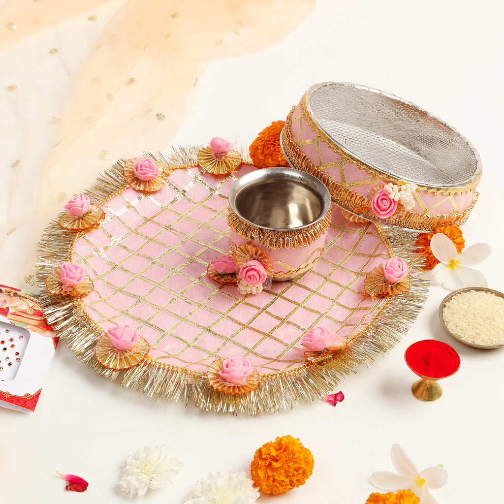 Designer Karvachauth Pooja Thali, Channi & Lota – Blush Pink Rose Edition
