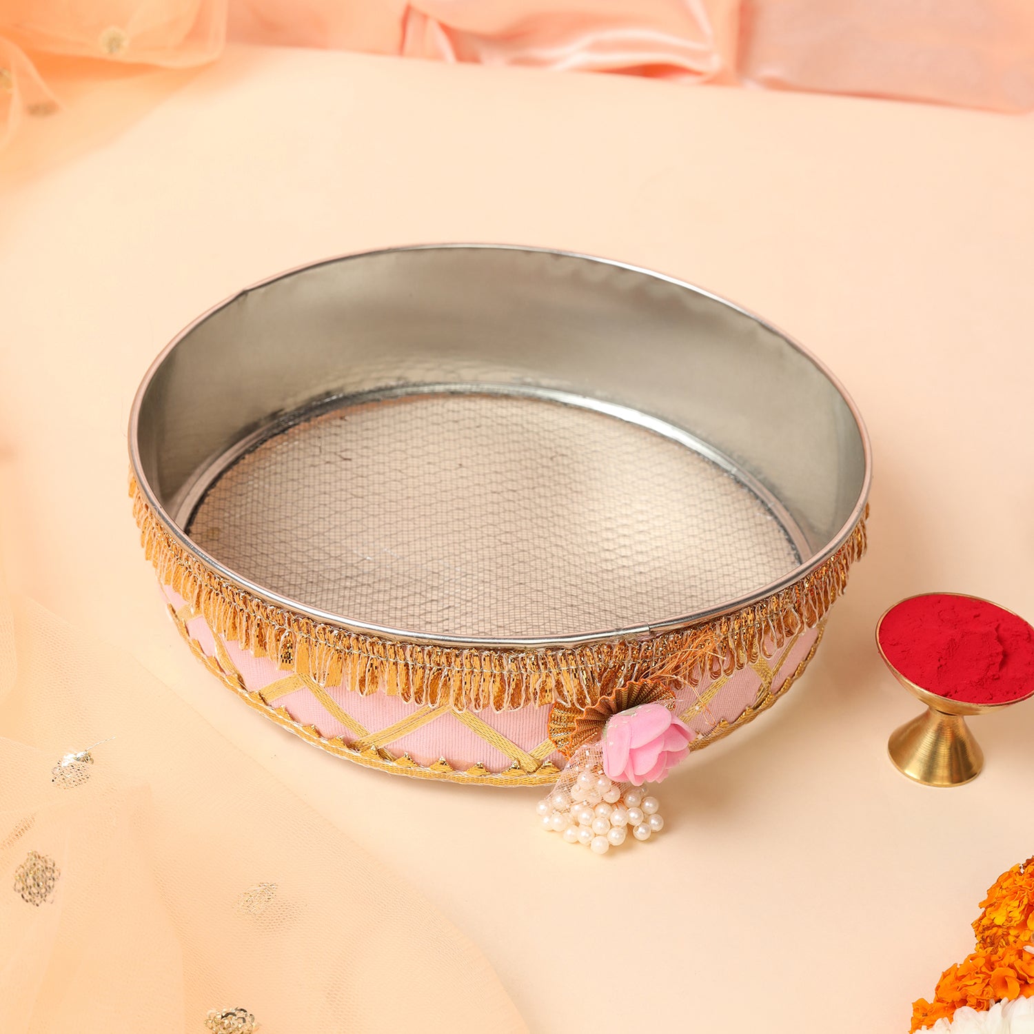 Designer Karvachauth Pooja Thali, Channi & Lota – Blush Pink Rose Edition