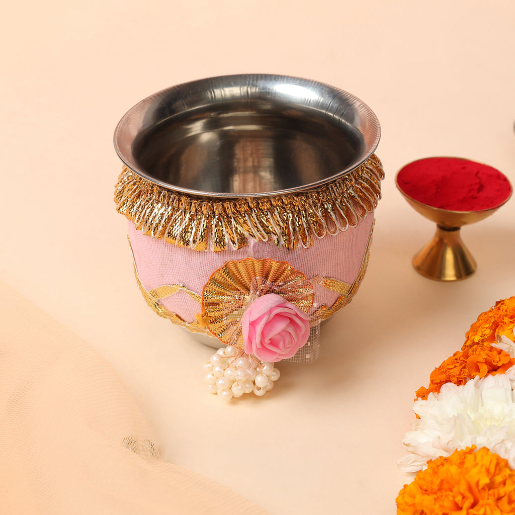 Designer Karvachauth Pooja Thali, Channi & Lota – Blush Pink Rose Edition