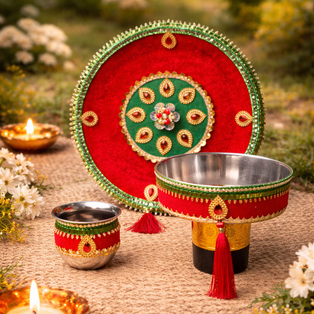 Traditional Red & Green Karwa Chauth Thali Set