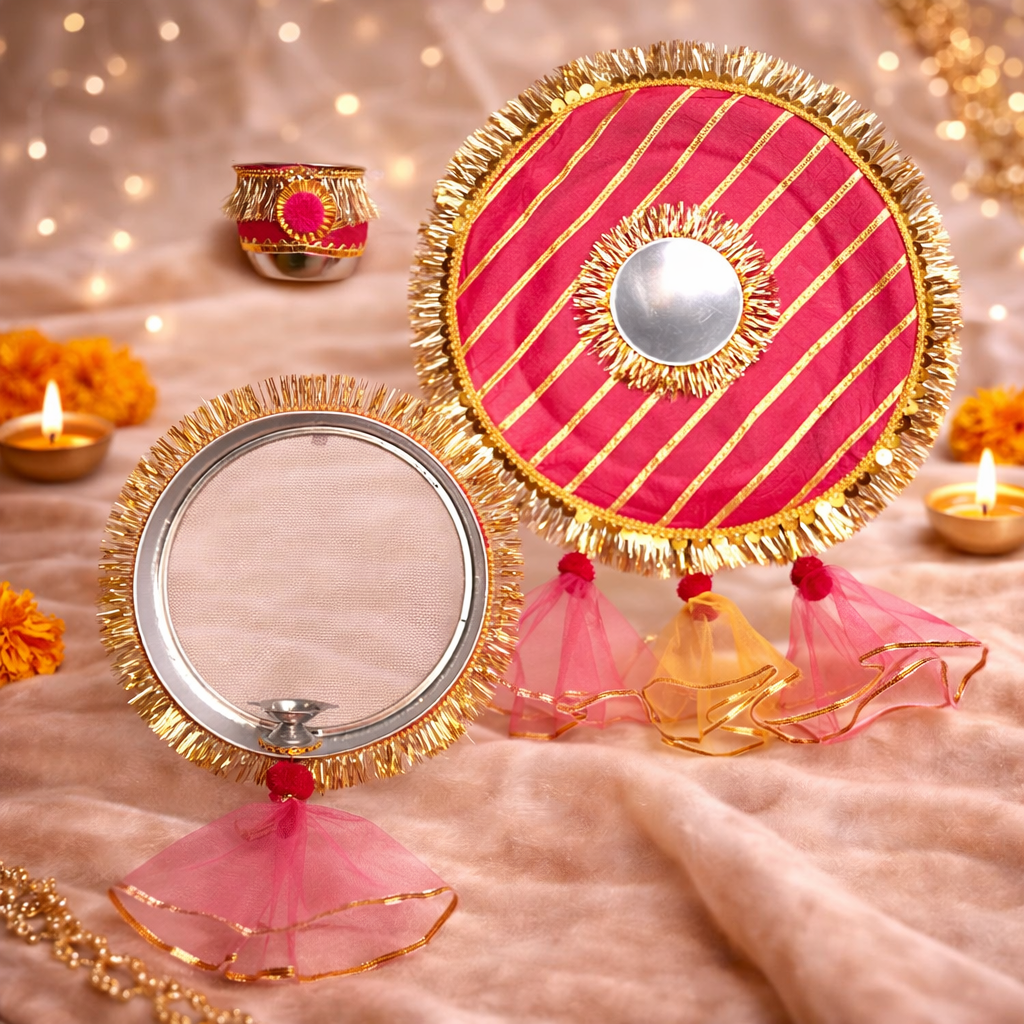 Elegant Pink & Gold Karwa Chauth Set