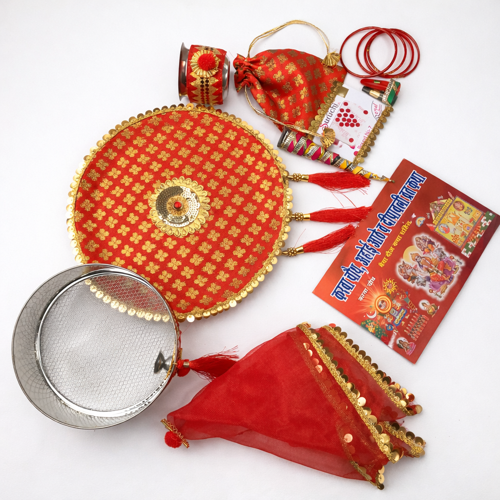 Designer Karwa Chauth Red Pooja Thali Set with Accessories
