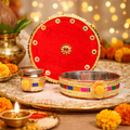 Red Velvet Designer Thali with Stone Work & Tassel Decor