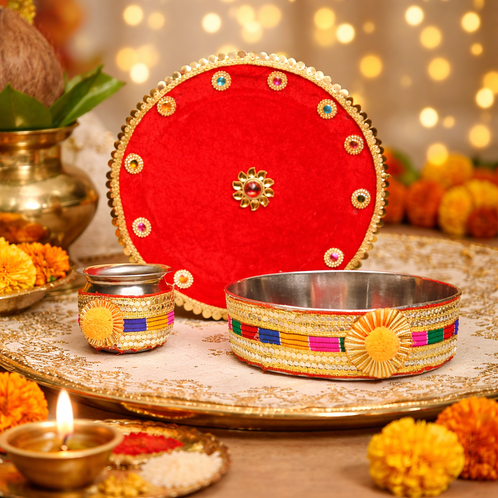 Red Velvet Designer Thali with Stone Work & Tassel Decor