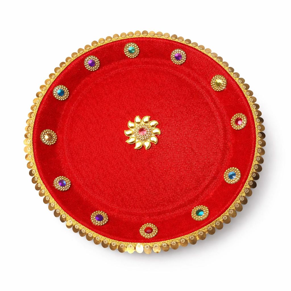 Red Velvet Designer Thali with Stone Work & Tassel Decor
