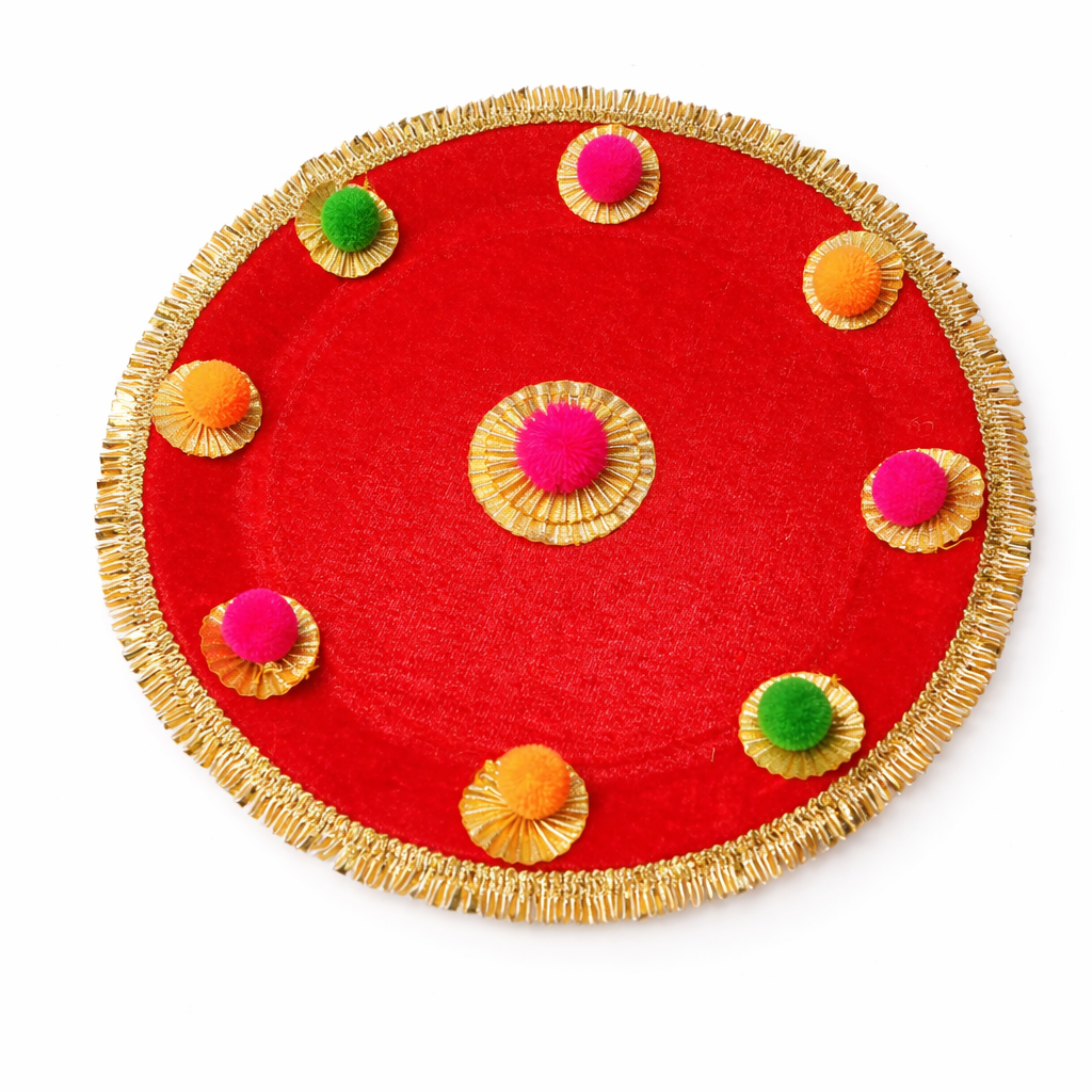 Red Velvet Thali with Pom-Pom Decor & Golden Border