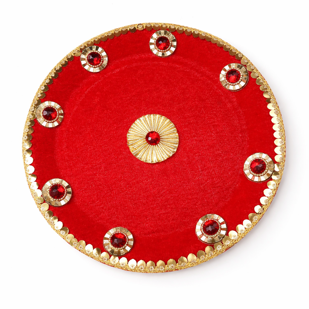 Red Velvet Designer Thali with Stone Work & Golden Border