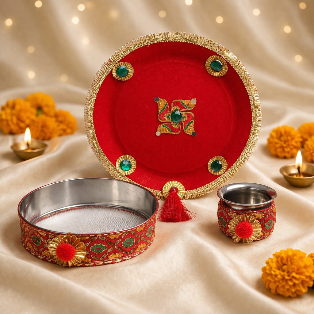 Red Velvet Designer Thali with Stone Work & Tassel Decor