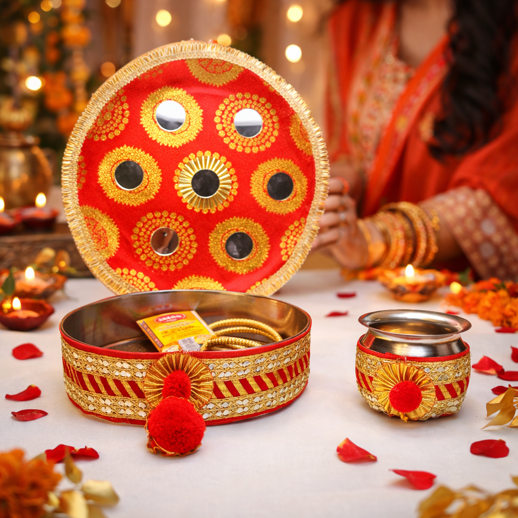 Red Printed Thali with Mirror Work & Golden Border