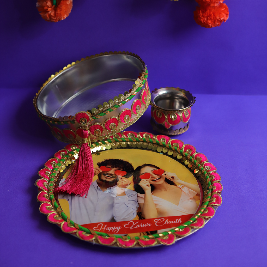 Personalized Photo Designer Karvachauth Pooja Thali, Channi & Lota