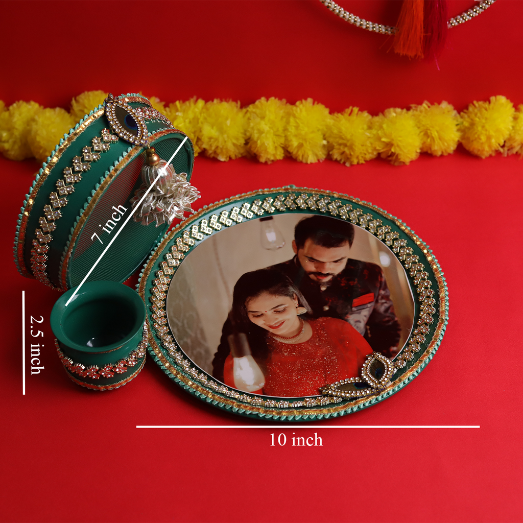 Personalized Designer Karvachauth Pooja Thali, Channi & Lota – Emerald Green