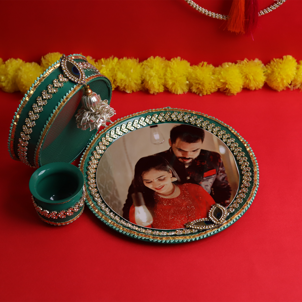 Personalized Designer Karvachauth Pooja Thali, Channi & Lota – Emerald Green