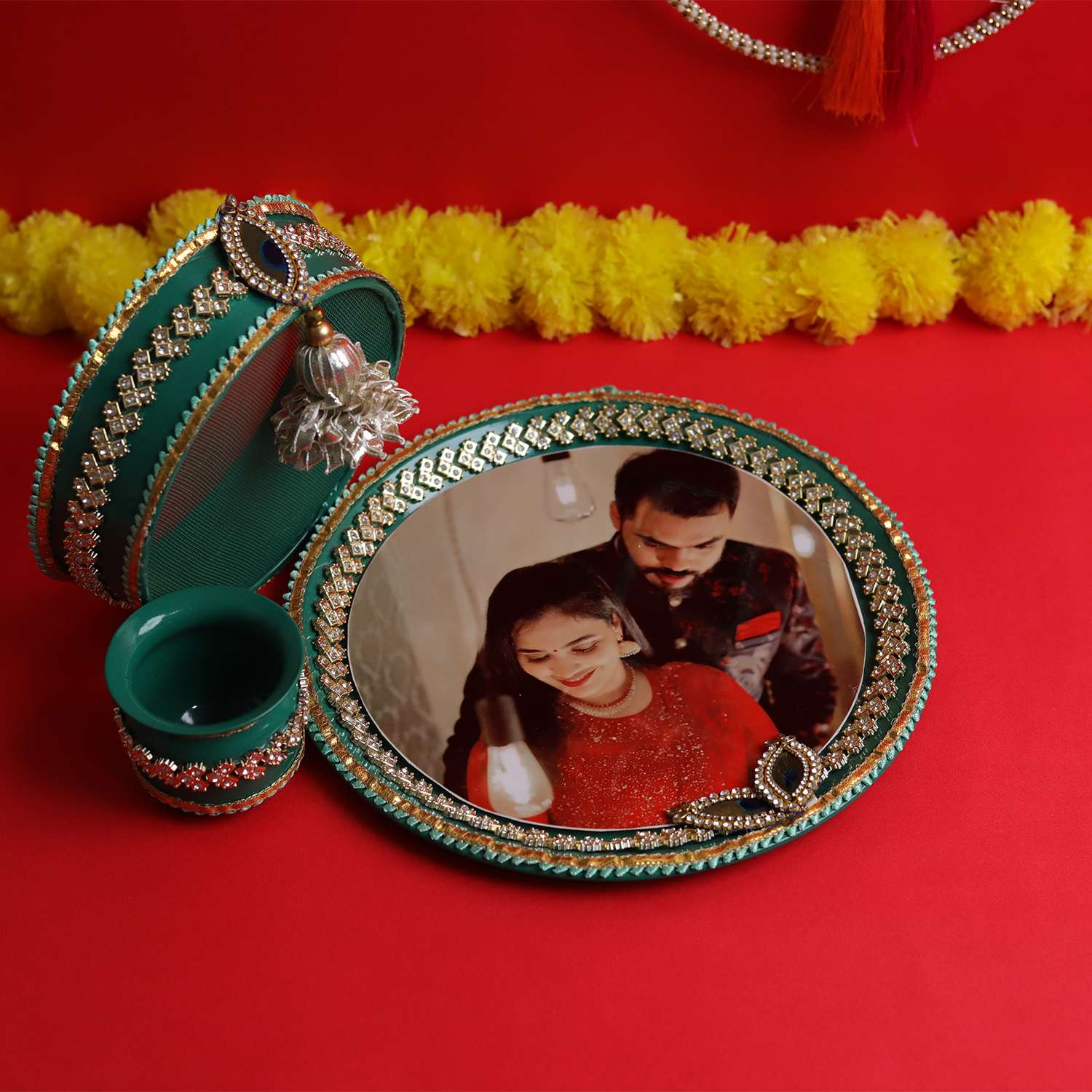 Personalized Designer Karvachauth Pooja Thali, Channi & Lota – Emerald Green