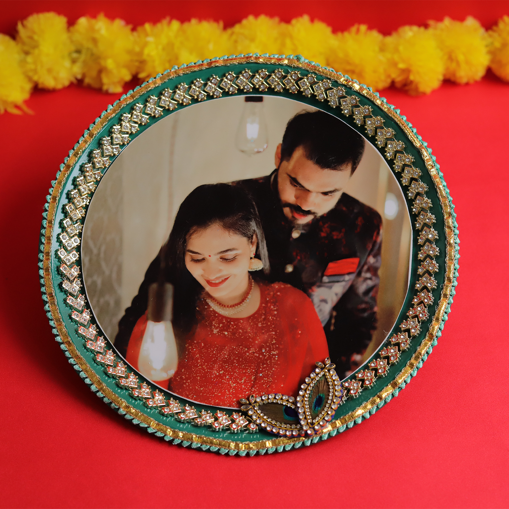 Personalized Designer Karvachauth Pooja Thali, Channi & Lota – Emerald Green