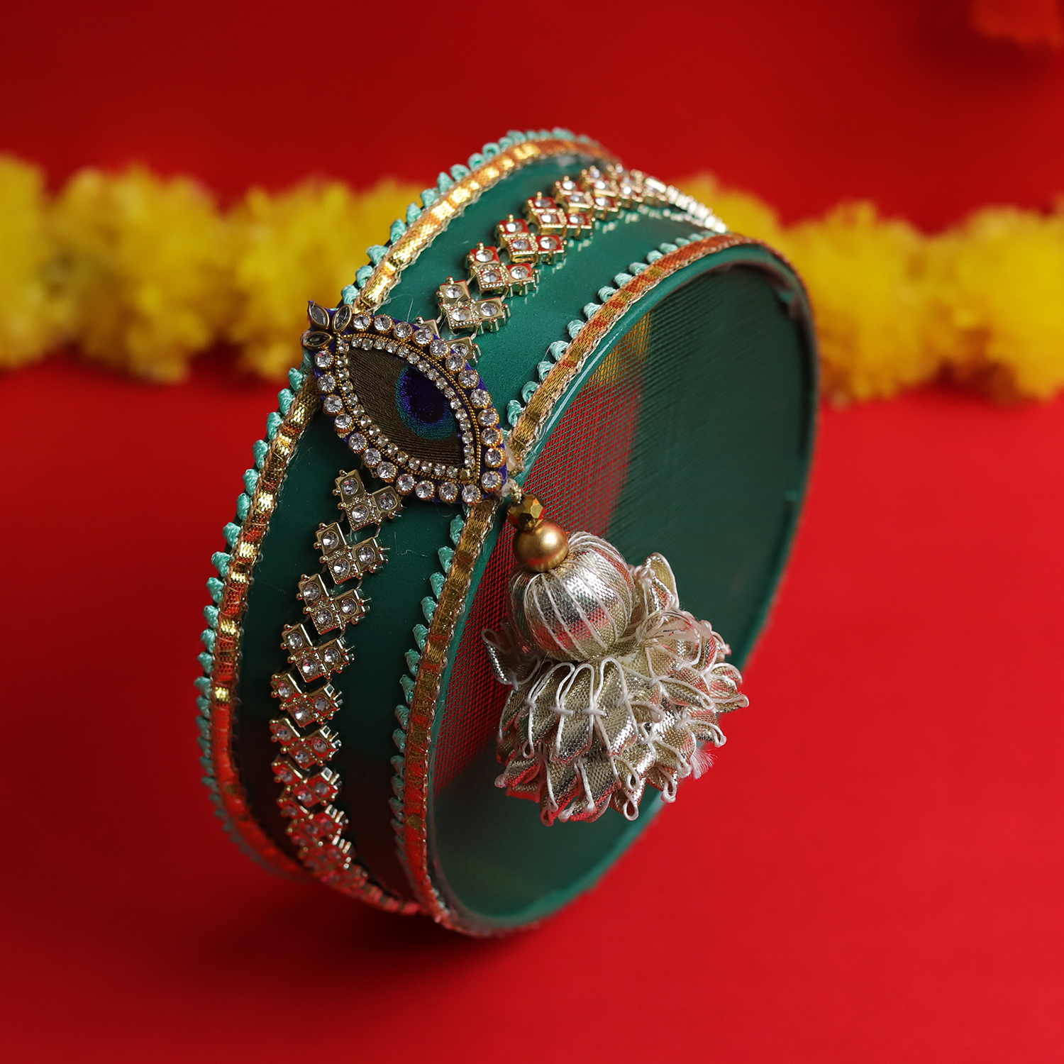 Personalized Designer Karvachauth Pooja Thali, Channi & Lota – Emerald Green