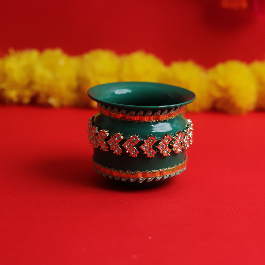 Personalized Designer Karvachauth Pooja Thali, Channi & Lota – Emerald Green