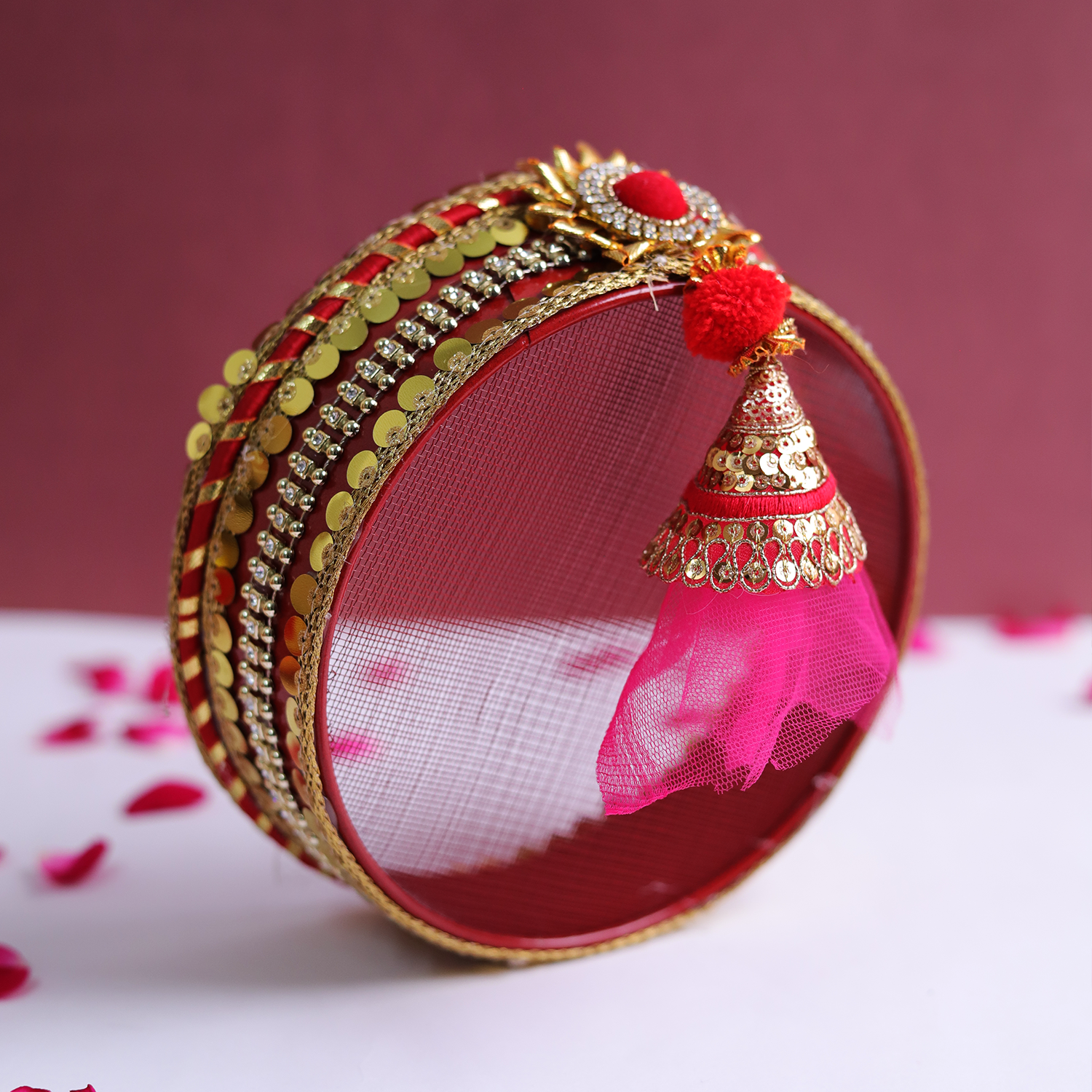 Personalized Classic Designer Karvachauth Pooja Thali, Channi & Lota – Red Edition