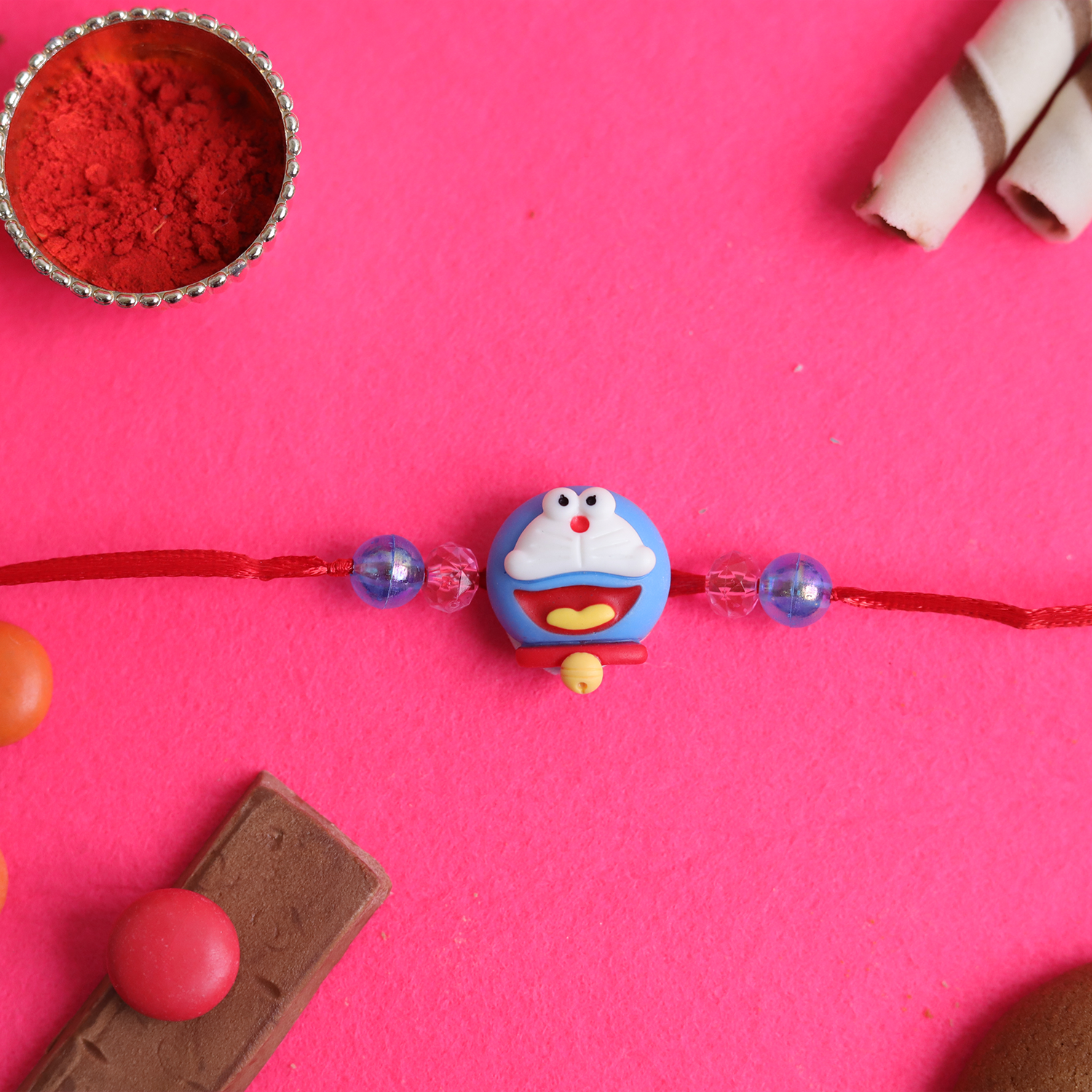 Doraemon Cartoon Kids Rakhi with Roli Chawal Set - Soft Felt Rakhi for Little Brothers