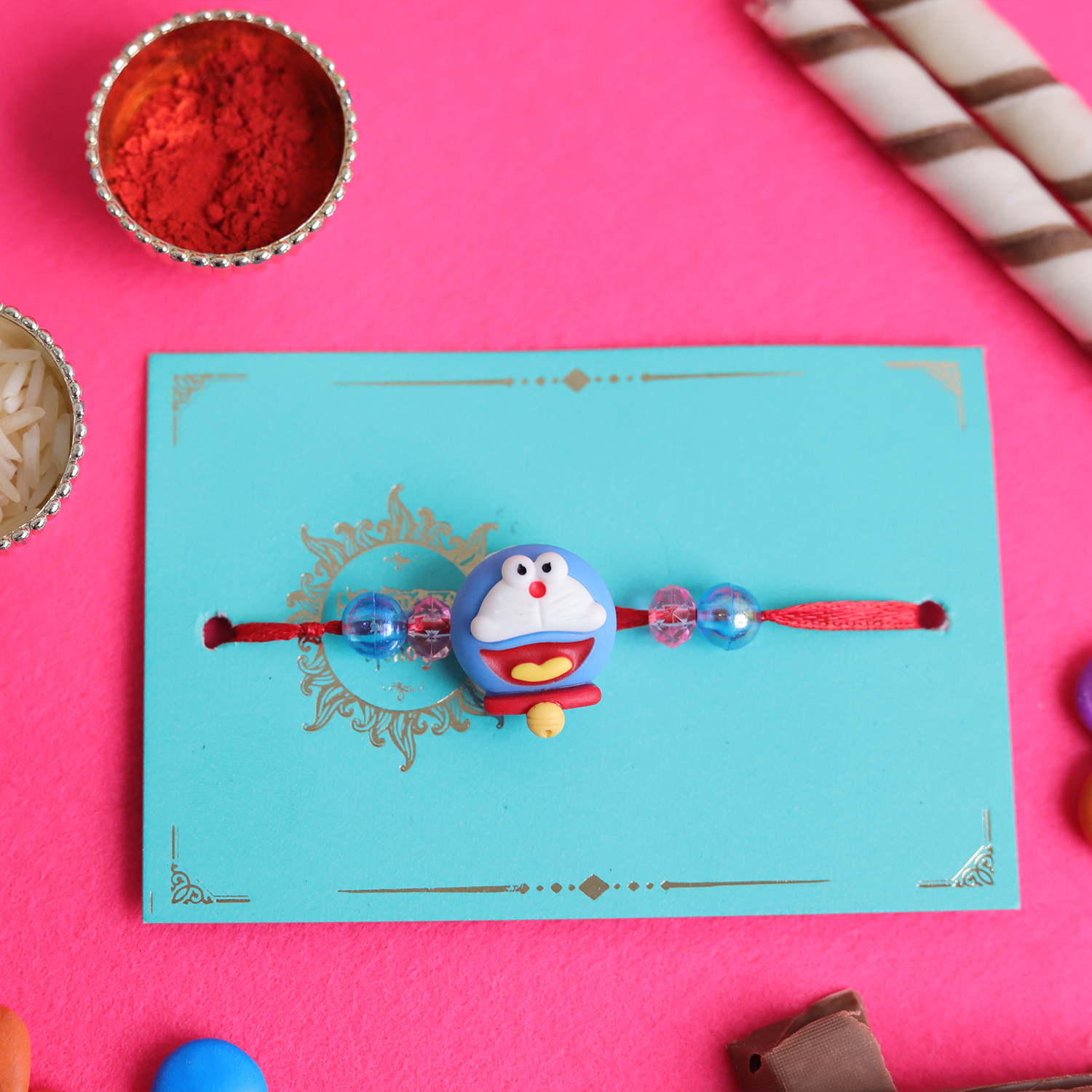 Doraemon Cartoon Kids Rakhi with Roli Chawal Set - Soft Felt Rakhi for Little Brothers