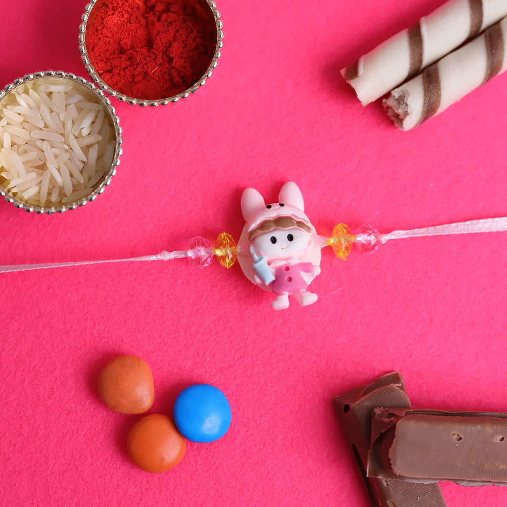 Cute Bunny Rabbit Cartoon Kids Rakhi with Roli Chawal Set - Soft & Playful Rakhi for Little Brother