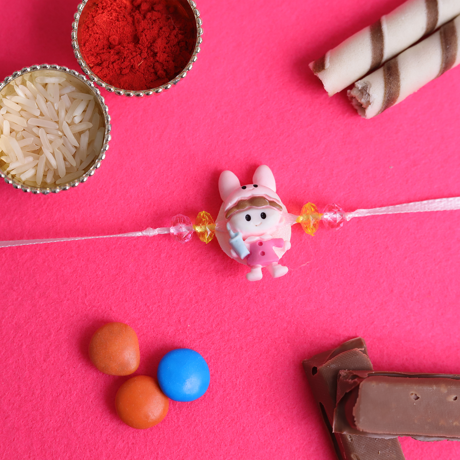 Cute Bunny Rabbit Cartoon Kids Rakhi with Roli Chawal Set - Soft & Playful Rakhi for Little Brother