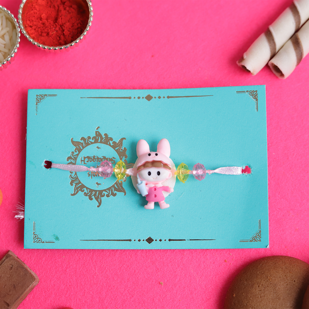 Cute Bunny Rabbit Cartoon Kids Rakhi with Roli Chawal Set - Soft & Playful Rakhi for Little Brother