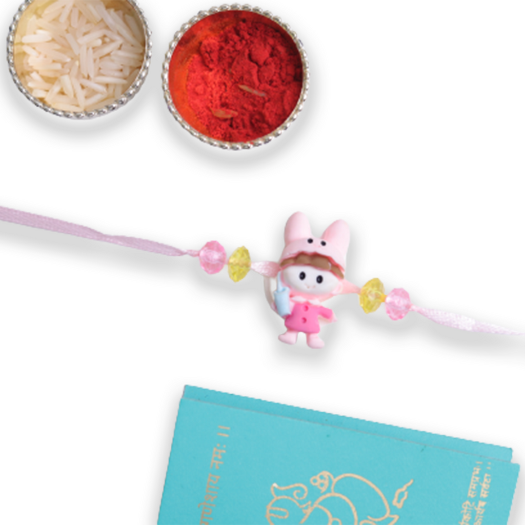 Cute Bunny Rabbit Cartoon Kids Rakhi with Roli Chawal Set - Soft & Playful Rakhi for Little Brother